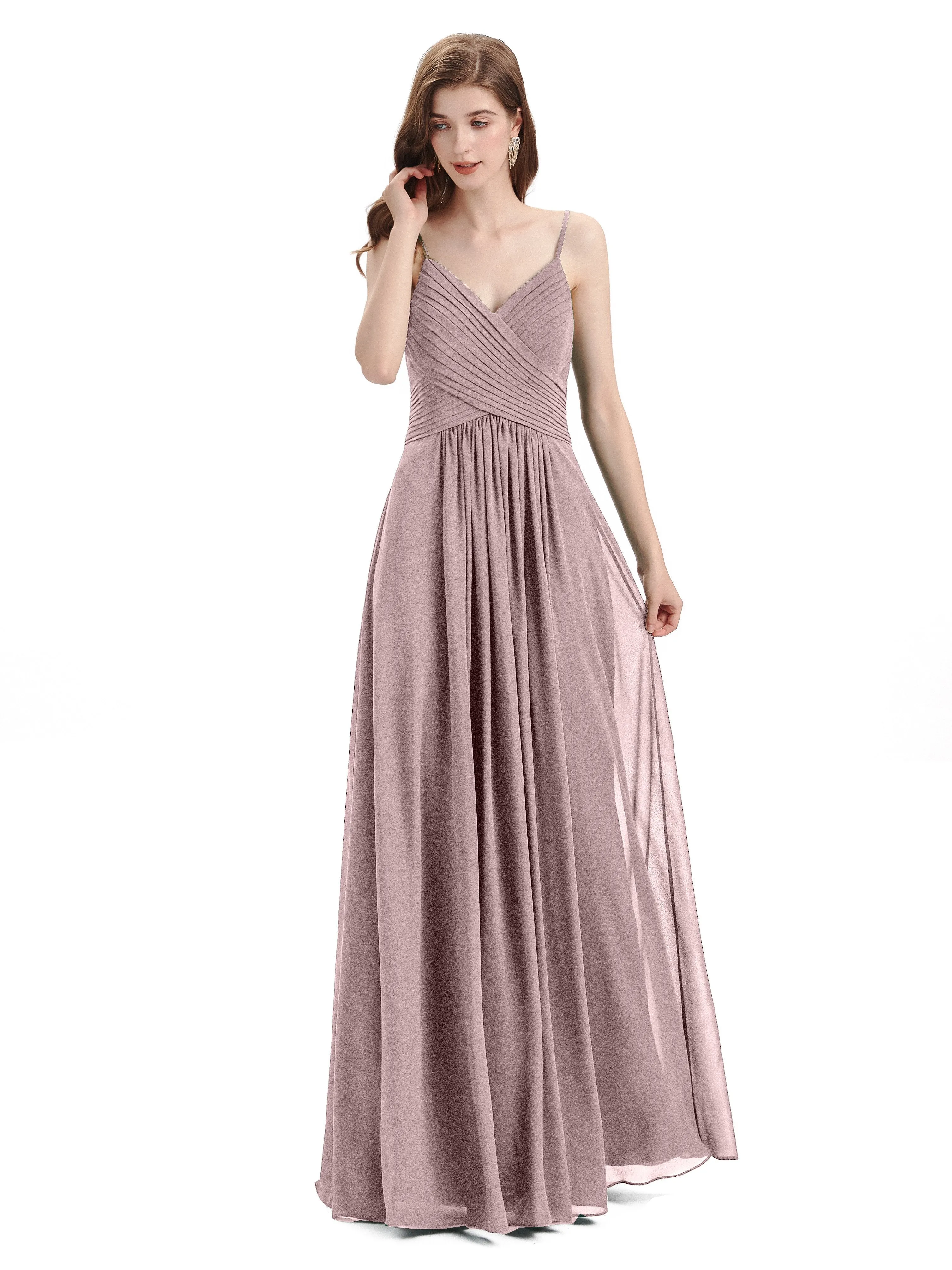 Pleated A-line Spaghetti Straps Chiffon Long Bridesmaid Dresses