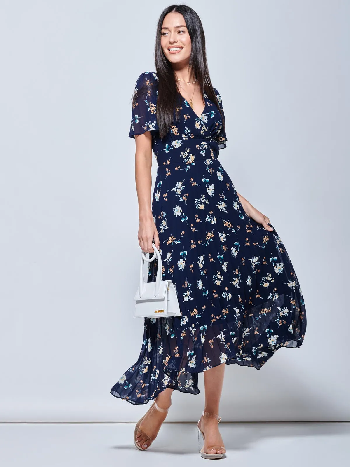 Pleated Chiffon High Low Maxi Dress, Navy Floral
