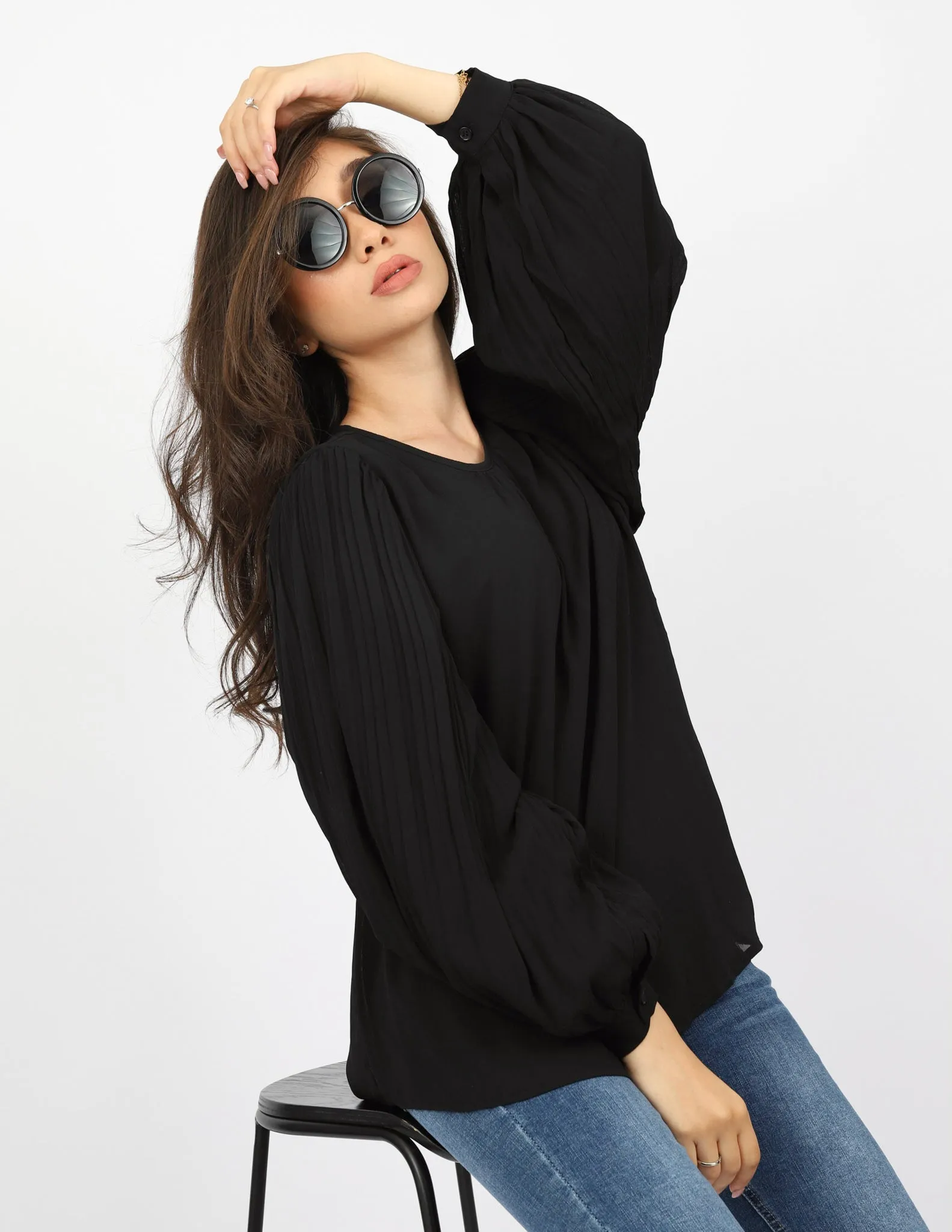 Pleated Sleeve Chiffon Top