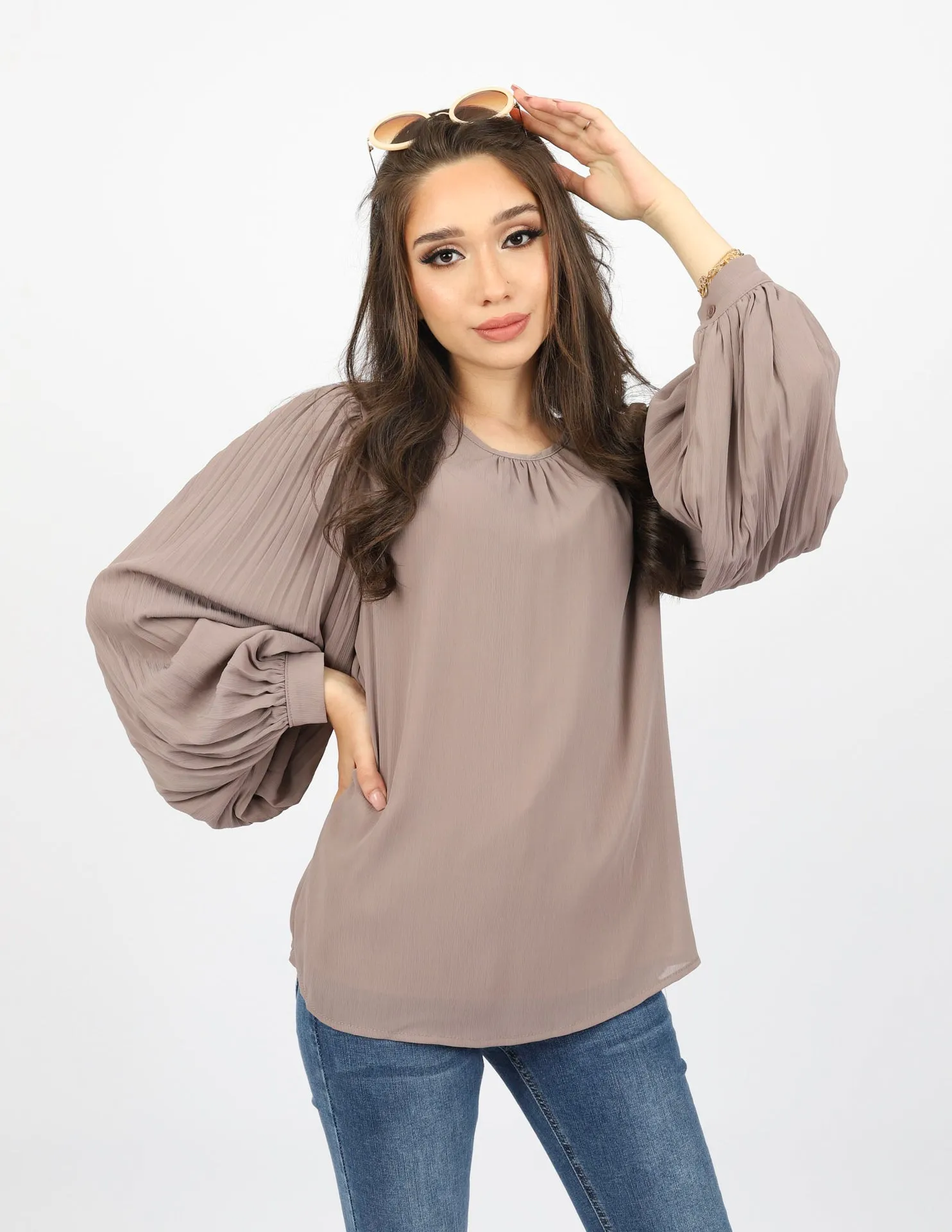 Pleated Sleeve Chiffon Top
