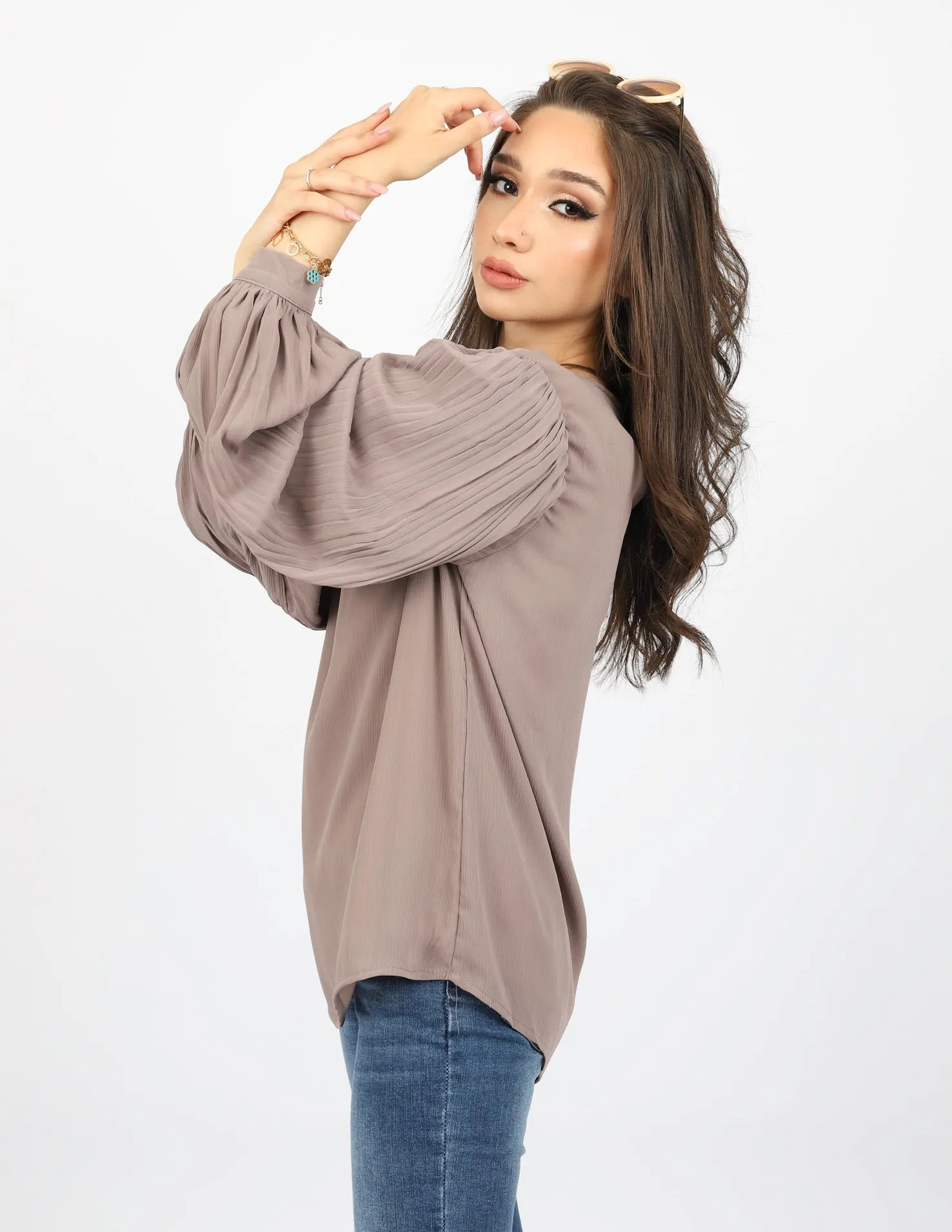 Pleated Sleeve Chiffon Top