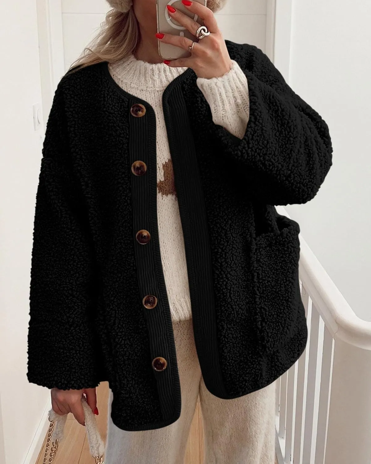 PRETTYGARDEN Women's Warm Winter Coats Casual Long Sleeve Button up Fuzzy Sherpa Fleece Jackets Outerwear