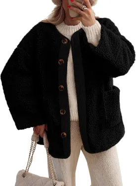 PRETTYGARDEN Women's Warm Winter Coats Casual Long Sleeve Button up Fuzzy Sherpa Fleece Jackets Outerwear
