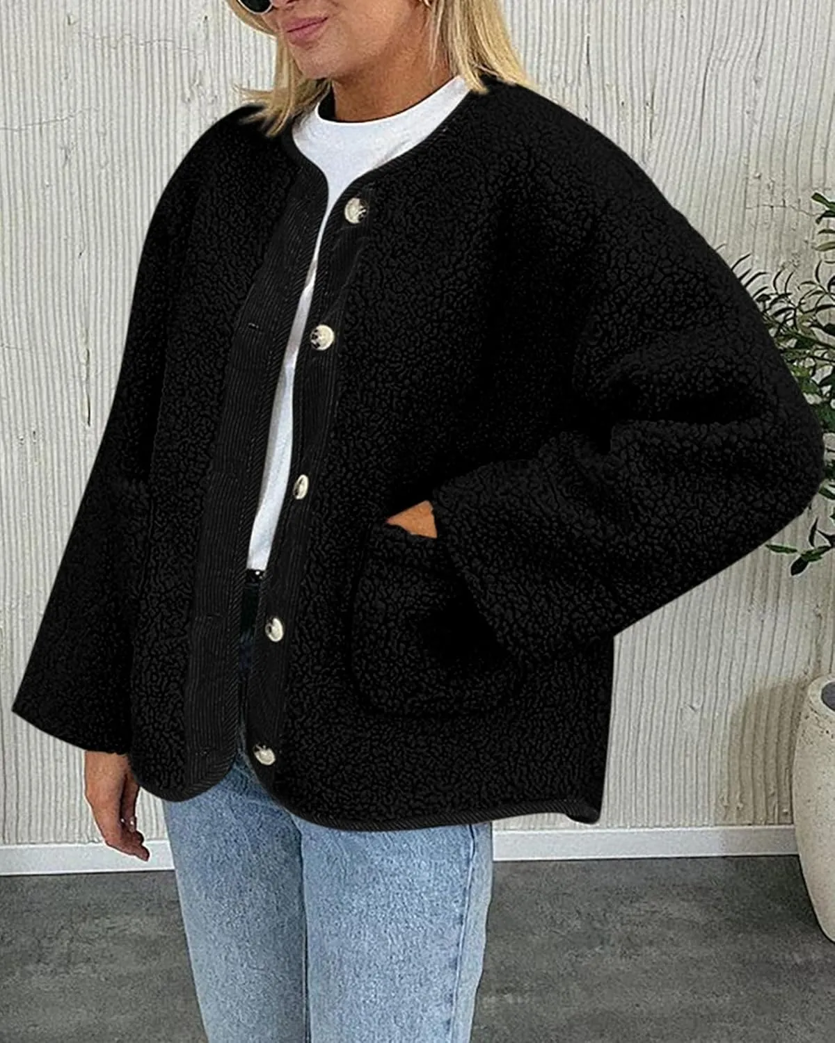 PRETTYGARDEN Women's Warm Winter Coats Casual Long Sleeve Button up Fuzzy Sherpa Fleece Jackets Outerwear