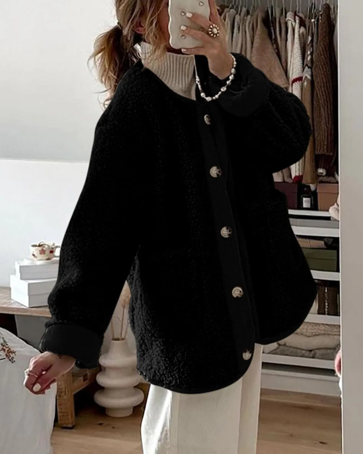 PRETTYGARDEN Women's Warm Winter Coats Casual Long Sleeve Button up Fuzzy Sherpa Fleece Jackets Outerwear