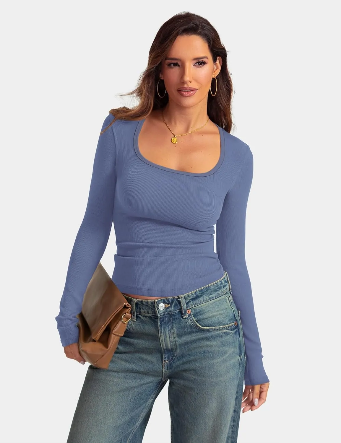 Prettywear Womens Long Sleeve Square Neck Tops Basic Casual Tight Fitted Color Block Shirts Trendy Spring Fall Blouses