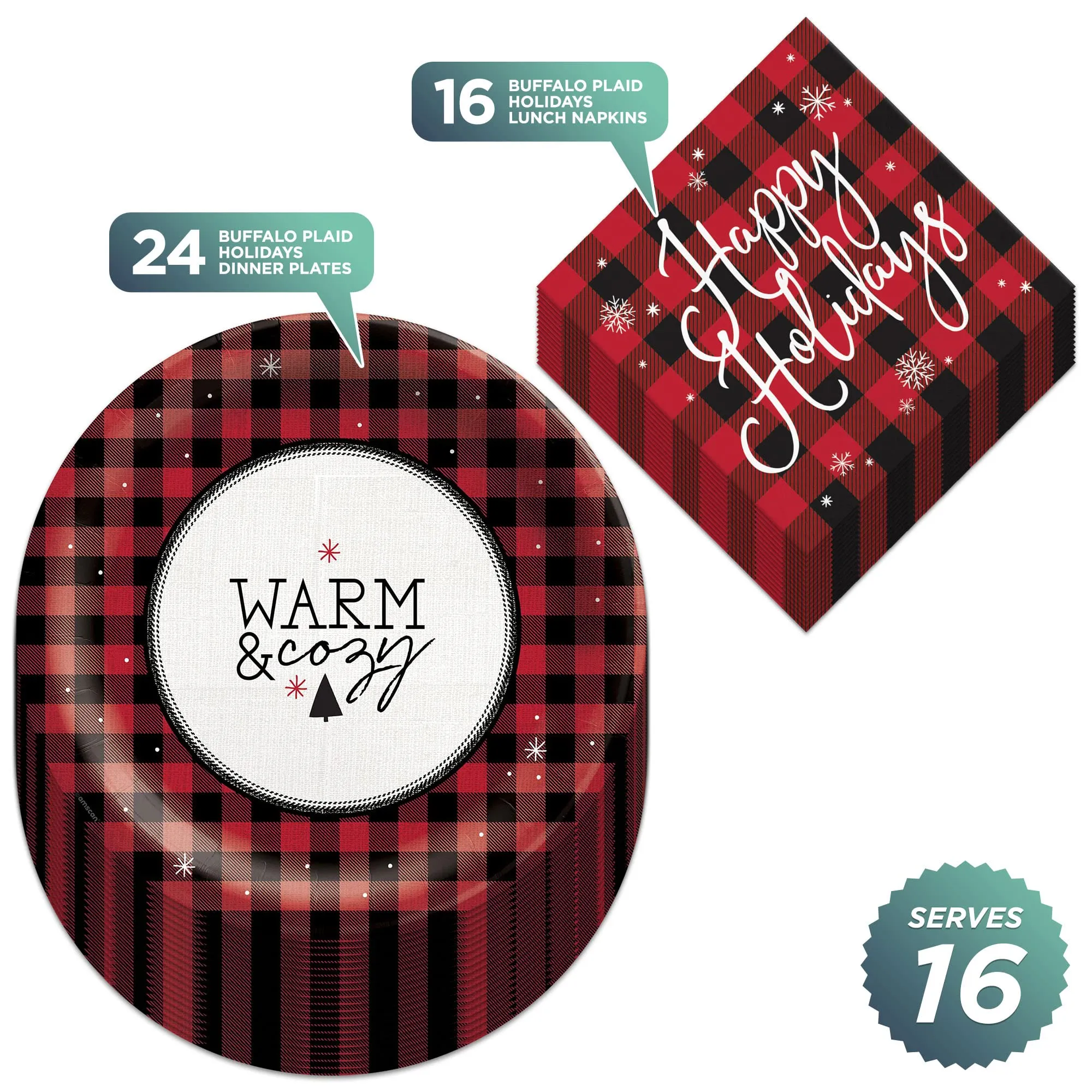 Red & Black Buffalo Plaid Warm & Cozy Happy Holidays Plates With Napkins (Serves 16)