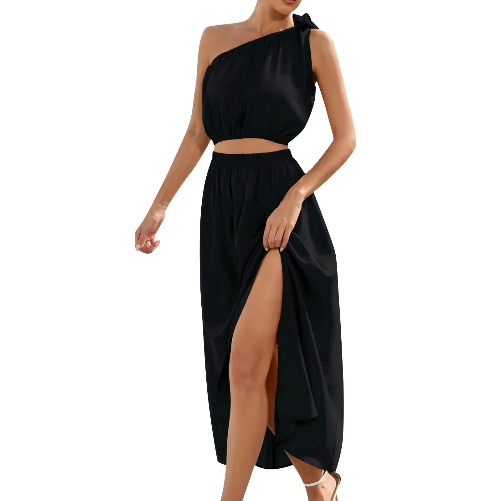 Skew Collar High Waist Split Korean Bandage Sleeveless Casual Fashionable Dress
