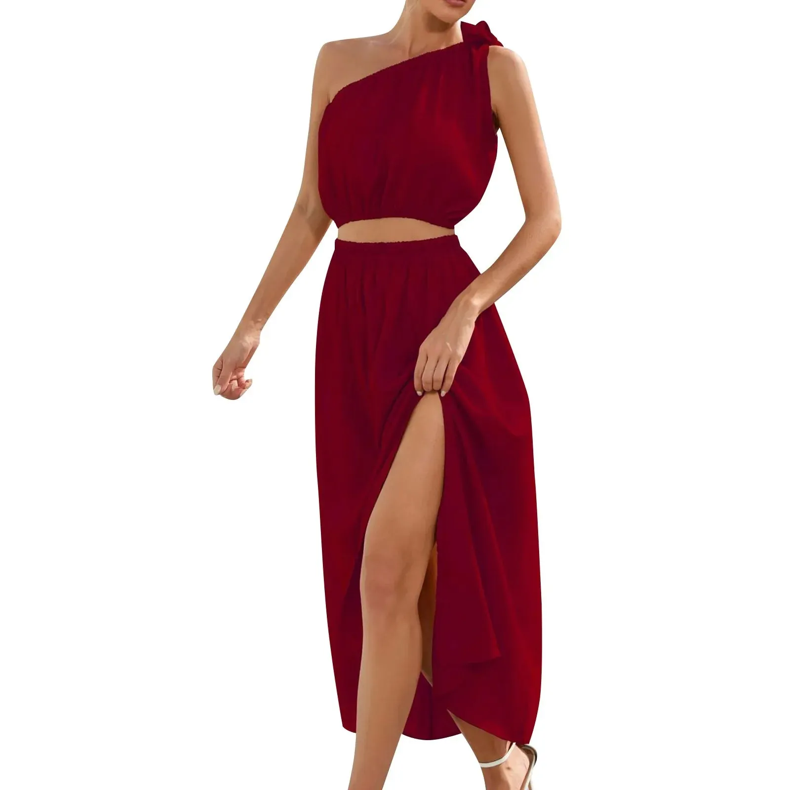 Skew Collar High Waist Split Korean Bandage Sleeveless Casual Fashionable Dress