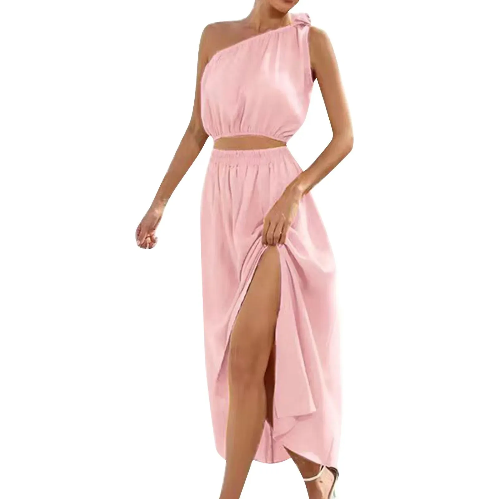 Skew Collar High Waist Split Korean Bandage Sleeveless Casual Fashionable Dress
