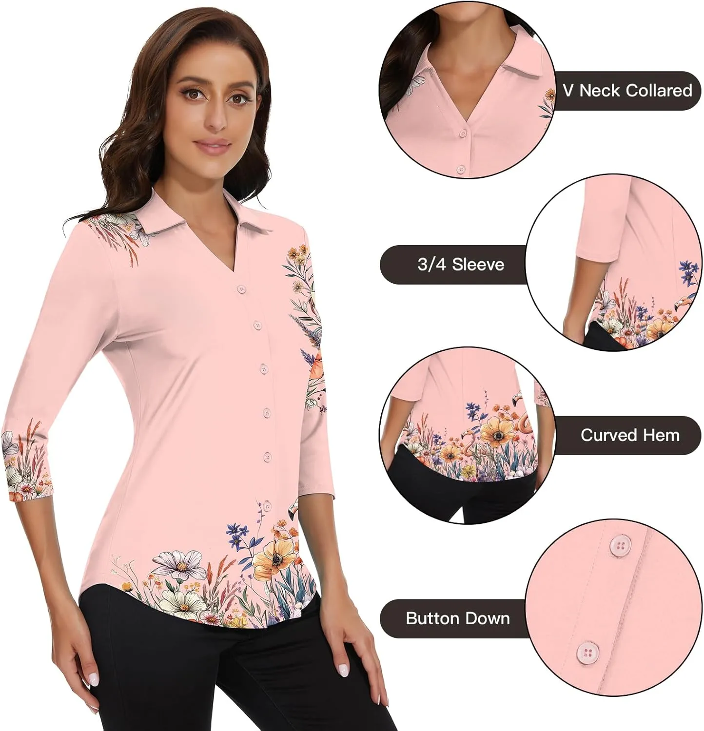 Soneven Womens 3/4 Sleeve Button Down Shirt V Neck Collared Polo Shirts Work Blouses