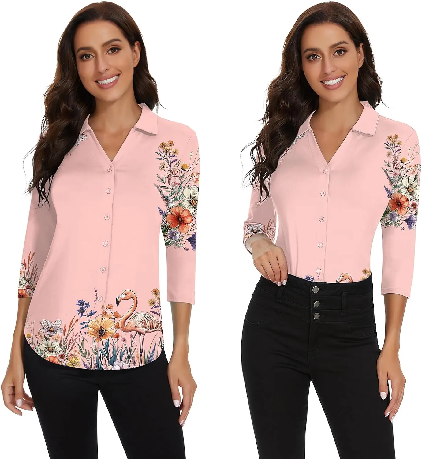 Soneven Womens 3/4 Sleeve Button Down Shirt V Neck Collared Polo Shirts Work Blouses