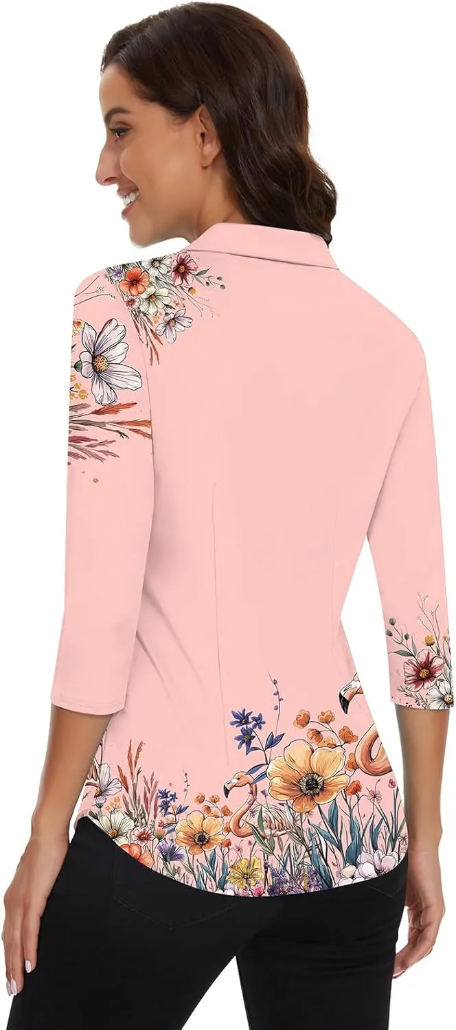 Soneven Womens 3/4 Sleeve Button Down Shirt V Neck Collared Polo Shirts Work Blouses