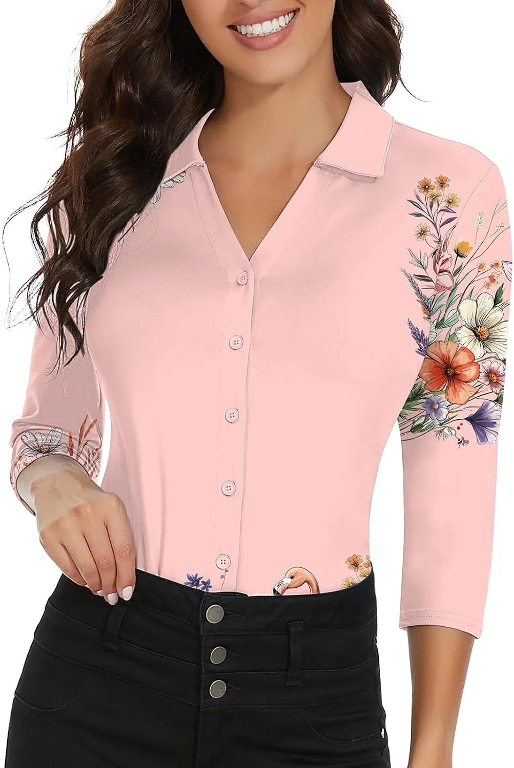 Soneven Womens 3/4 Sleeve Button Down Shirt V Neck Collared Polo Shirts Work Blouses
