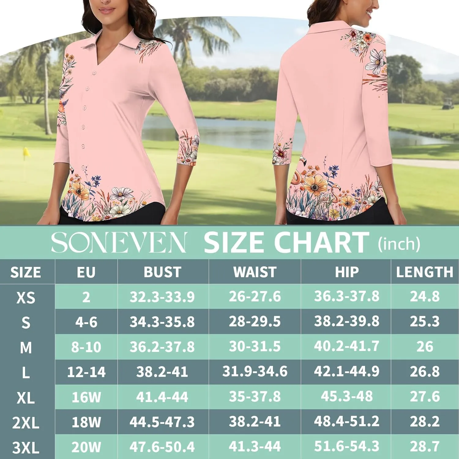 Soneven Womens 3/4 Sleeve Button Down Shirt V Neck Collared Polo Shirts Work Blouses