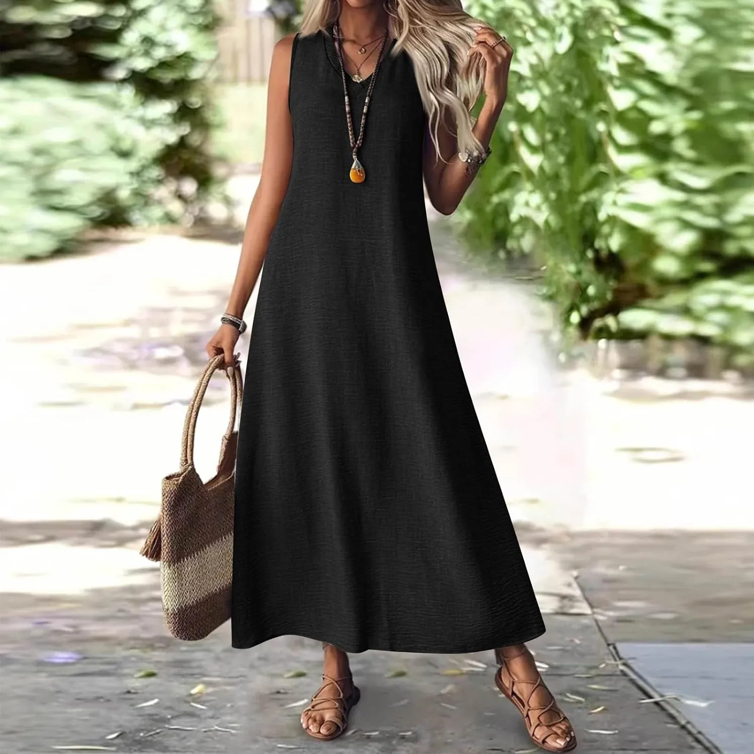 Summer Dresses for Women 2025 Cotton Linen Maxi Dress Casual Sleeveless Solid Long Sundress Vacation Outfits