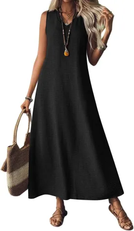 Summer Dresses for Women 2025 Cotton Linen Maxi Dress Casual Sleeveless Solid Long Sundress Vacation Outfits