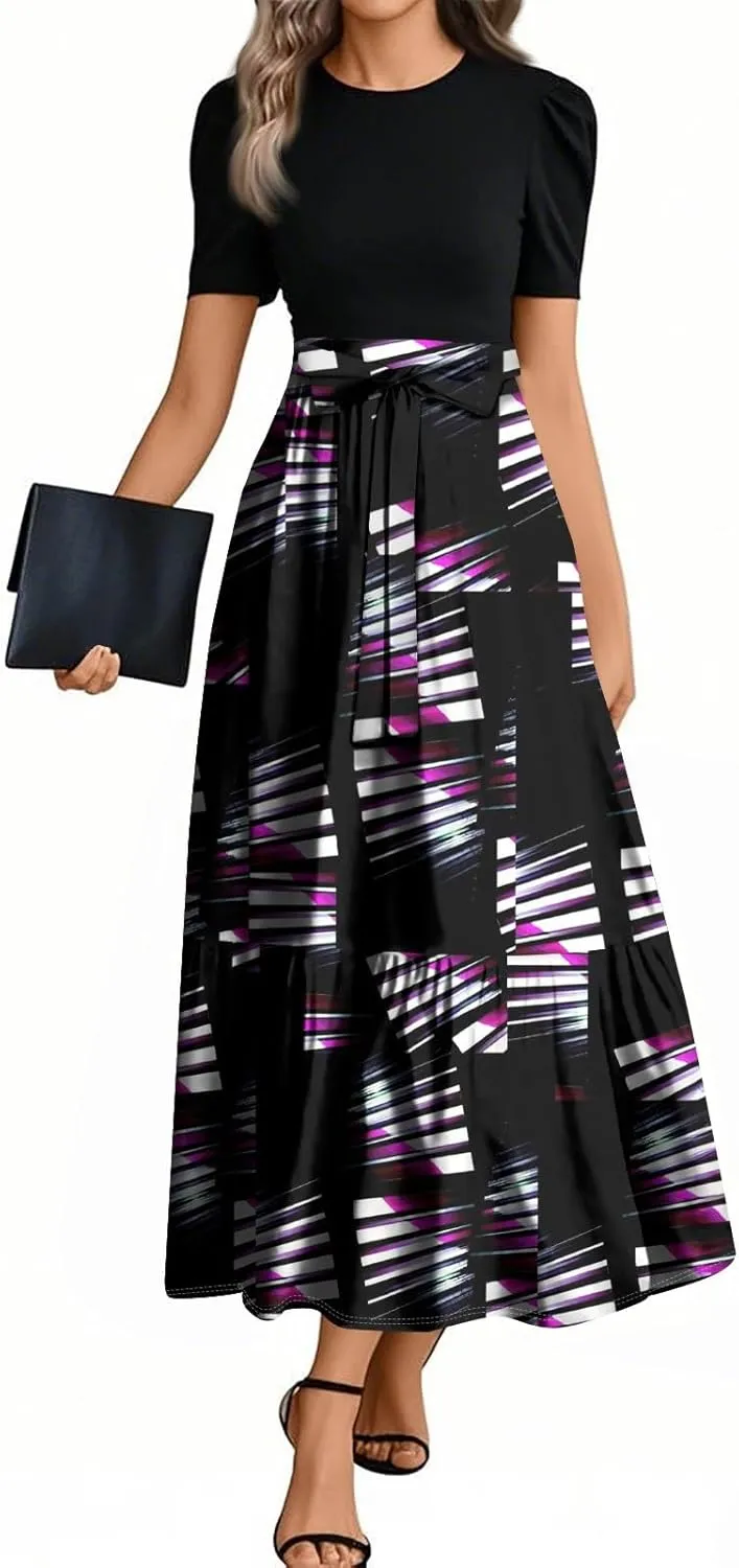 Summer Dresses for Women Elegant High Waist Maxi Dress Flowy Casual Long Dress A-Line Floral Printrd Dress with Belt