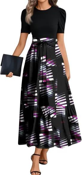 Summer Dresses for Women Elegant High Waist Maxi Dress Flowy Casual Long Dress A-Line Floral Printrd Dress with Belt