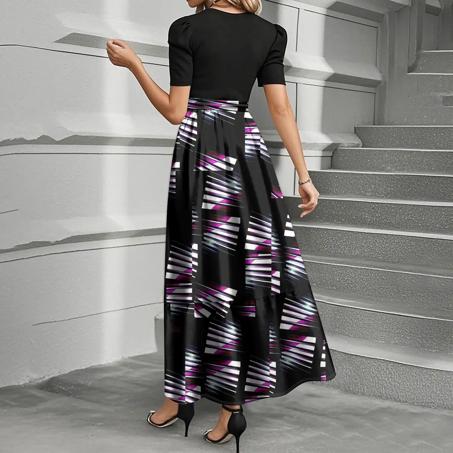 Summer Dresses for Women Elegant High Waist Maxi Dress Flowy Casual Long Dress A-Line Floral Printrd Dress with Belt