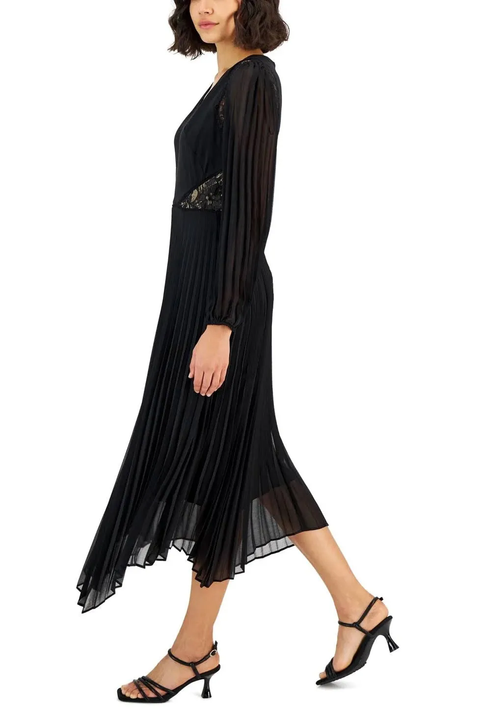 Taylor V-neck elastic cuff long sleeve lace shoulder and side detail zipper back pleated chiffon crepe gown