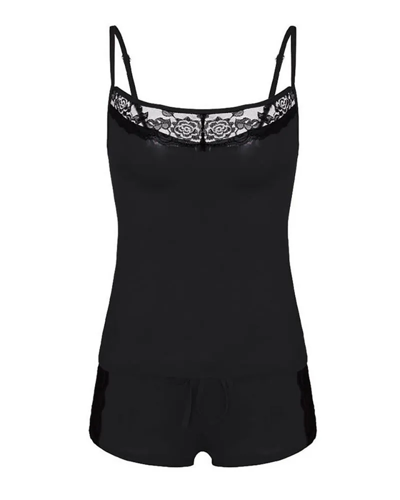 U Neck Spaghetti Strap Crochet Lace Cami Set