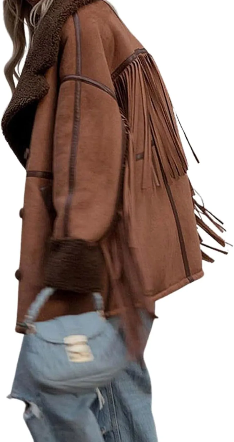 utcoco Women's Tassels Sherpa Lined Faux Suede Leather Jacket 2024 Fashion Fringe Trim Faux Fur Coats Outwear