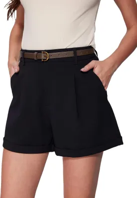 Vinova Womens Shorts Dressy Casual Pleated Elastic High Waisted Trouser Wide Leg Work Trouser Shorts with Pockets & Belt