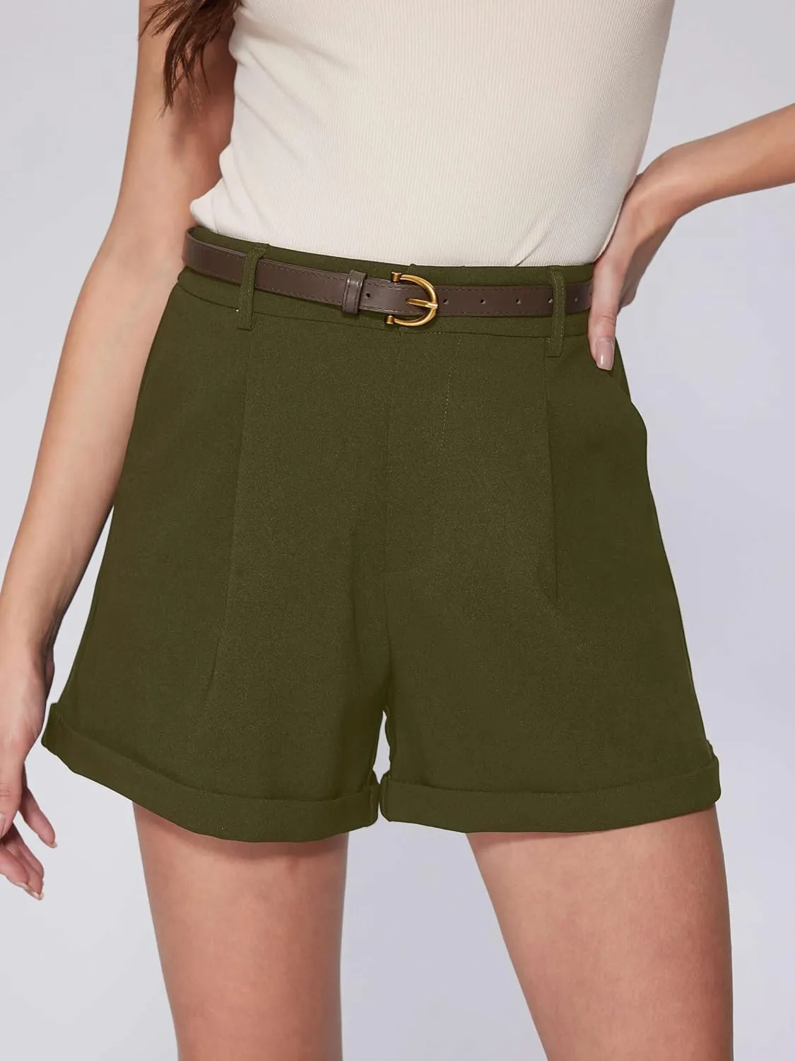 Vinova Womens Shorts Dressy Casual Pleated Elastic High Waisted Trouser Wide Leg Work Trouser Shorts with Pockets & Belt