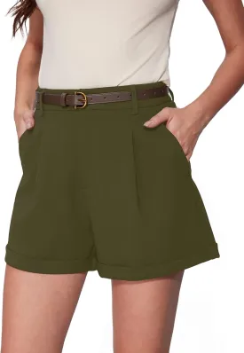 Vinova Womens Shorts Dressy Casual Pleated Elastic High Waisted Trouser Wide Leg Work Trouser Shorts with Pockets & Belt