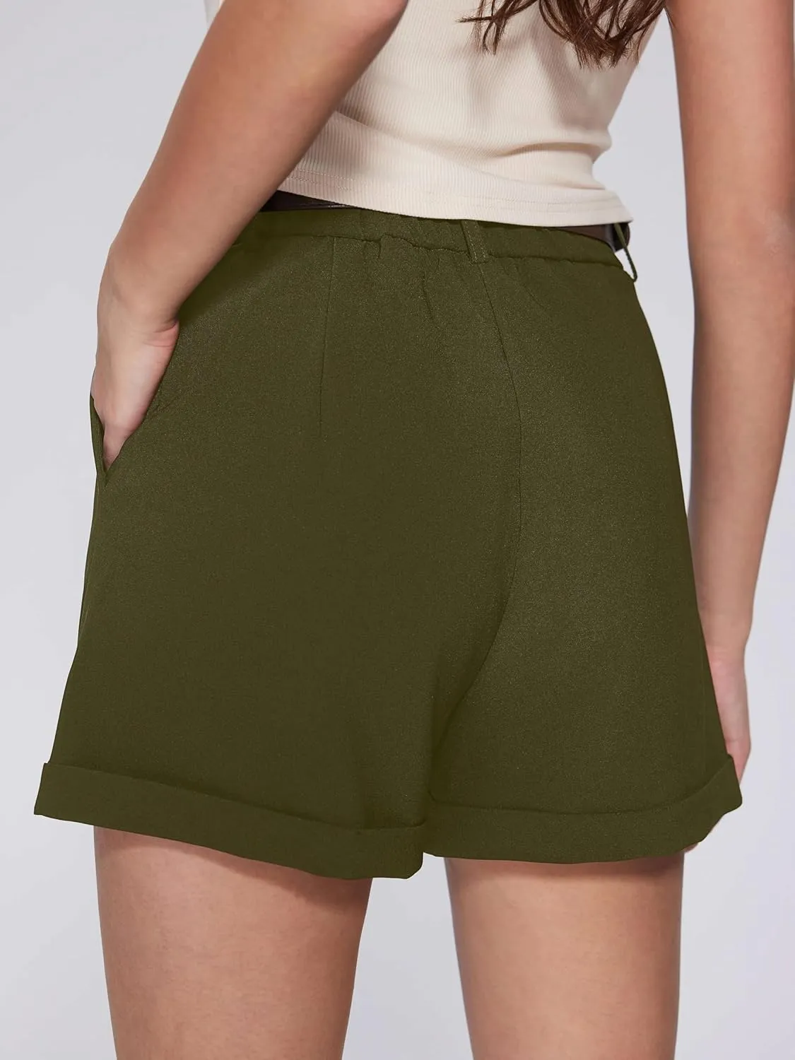 Vinova Womens Shorts Dressy Casual Pleated Elastic High Waisted Trouser Wide Leg Work Trouser Shorts with Pockets & Belt