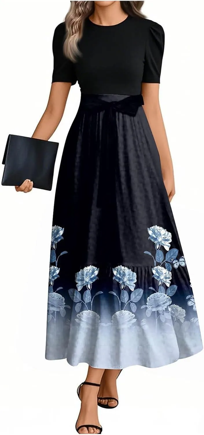 Wanvekey Maxi Dresses for Women 2025 Summer Short Sleeve Church Dress Casual Crew Neck Belted Dresses Flowy Elegant Dress