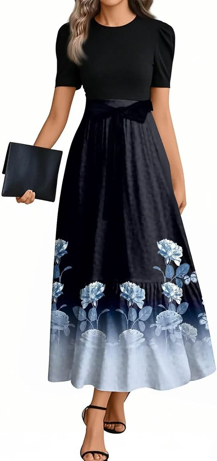 Wanvekey Maxi Dresses for Women 2025 Summer Short Sleeve Church Dress Casual Crew Neck Belted Dresses Flowy Elegant Dress