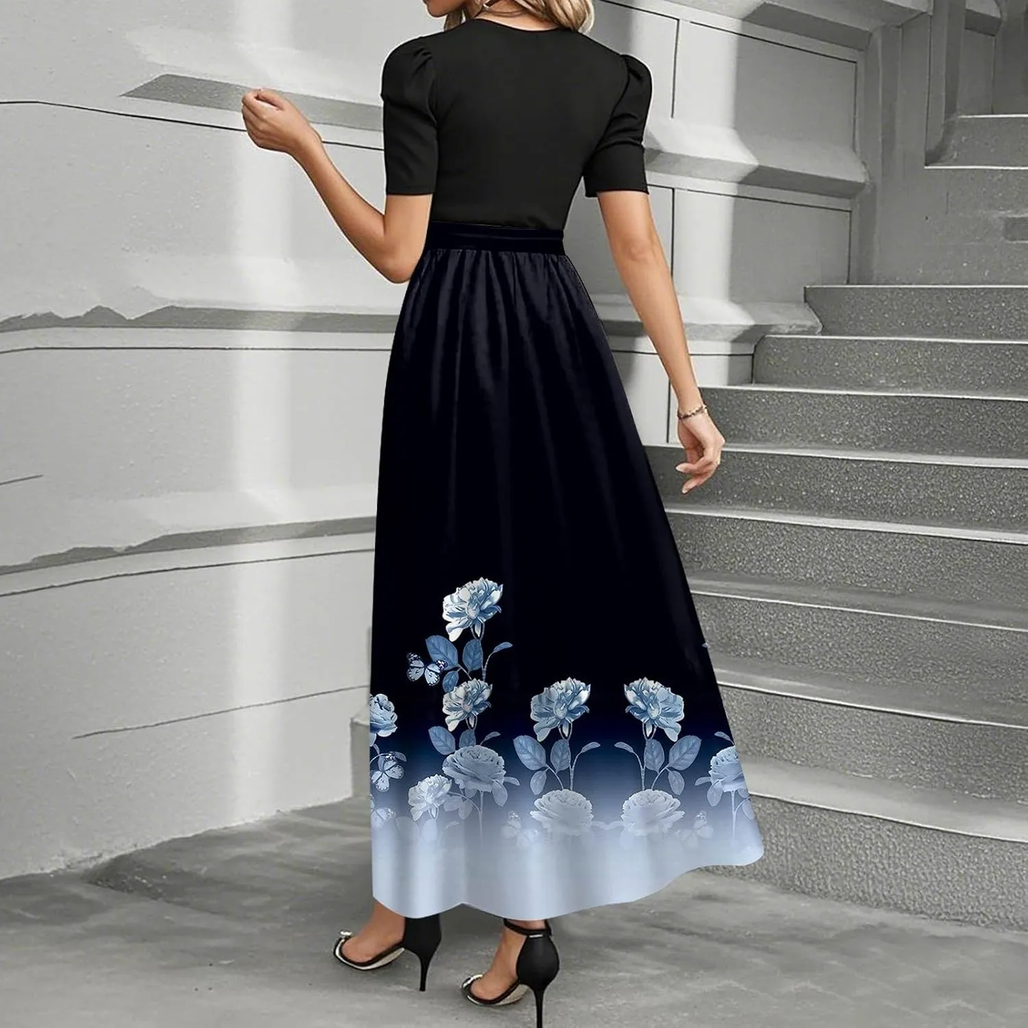 Wanvekey Maxi Dresses for Women 2025 Summer Short Sleeve Church Dress Casual Crew Neck Belted Dresses Flowy Elegant Dress