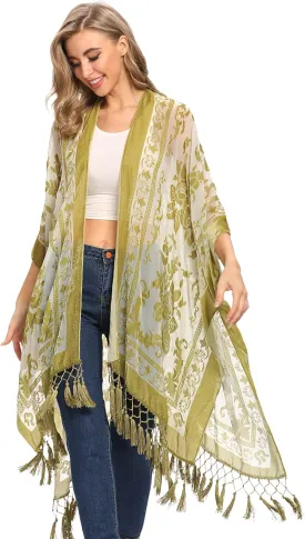 WeHello Women's Burnout Velvet Kimono Long Cardigan Cover Up with Tassel (Martini)