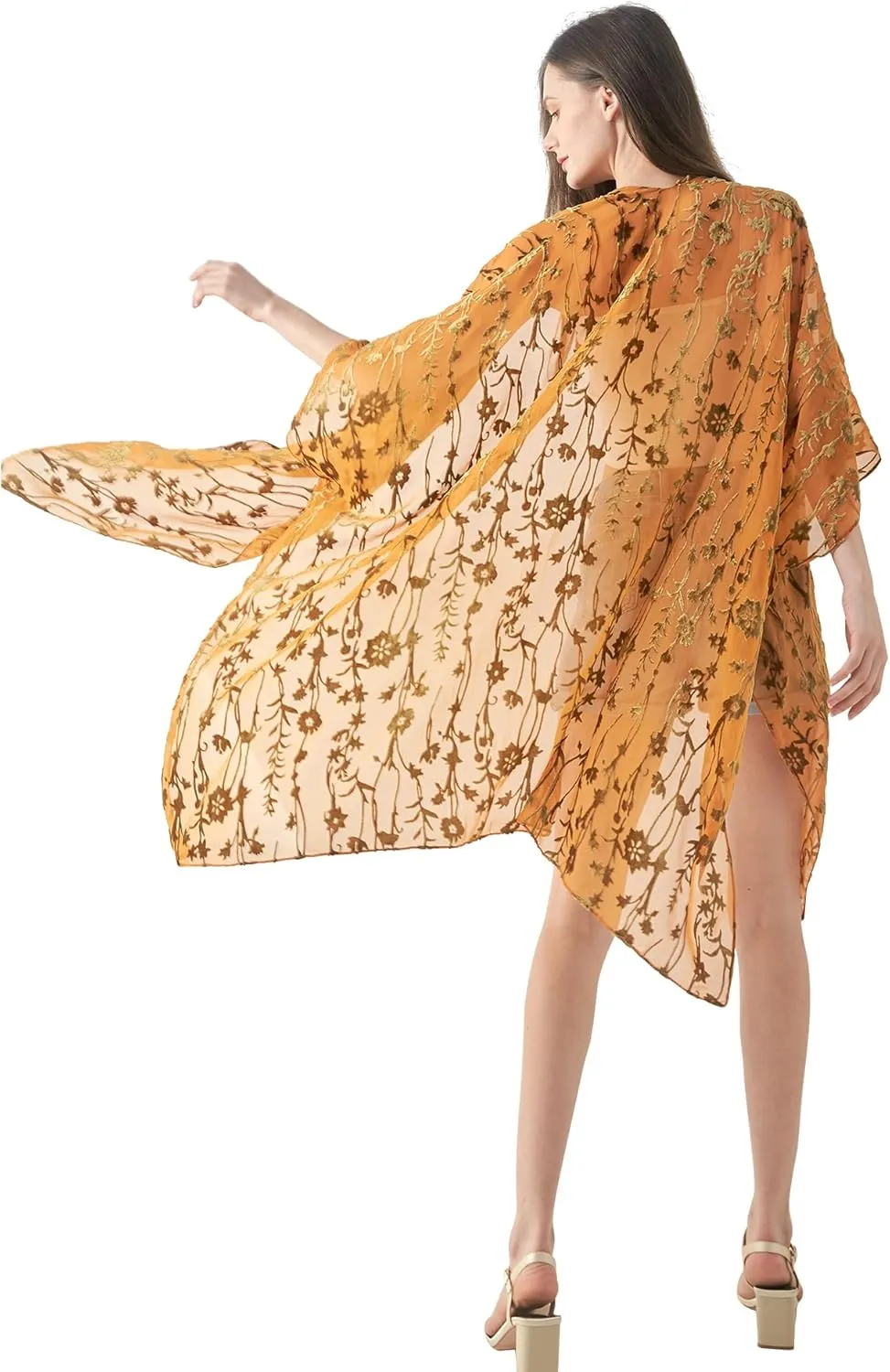 WeHello Women's Burnout Velvet Kimono Long Cardigan Cover Up Without Tassel (Burlywood)