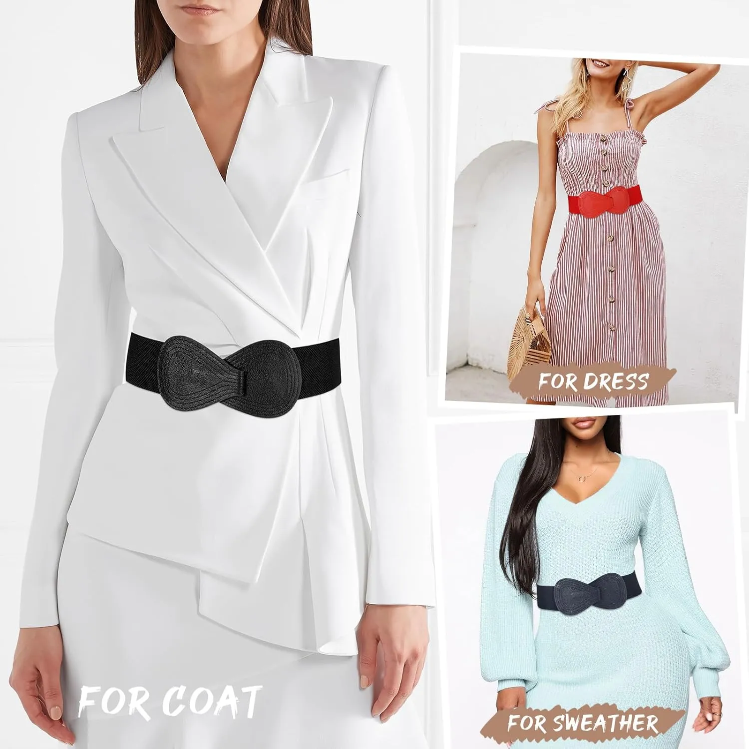 WHIPPY Women Wide Elastic Belt Ladies Stretch Dress Belt Fashion Waistband with 8-shaped Interlock Leather Buckle