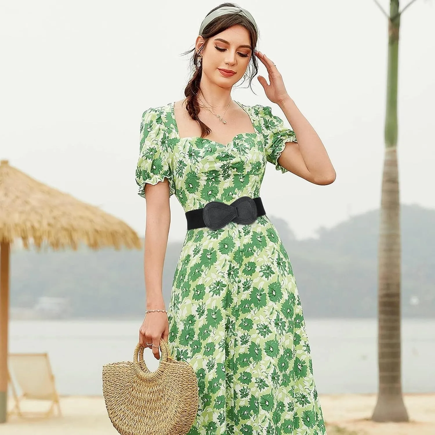 WHIPPY Women Wide Elastic Belt Ladies Stretch Dress Belt Fashion Waistband with 8-shaped Interlock Leather Buckle