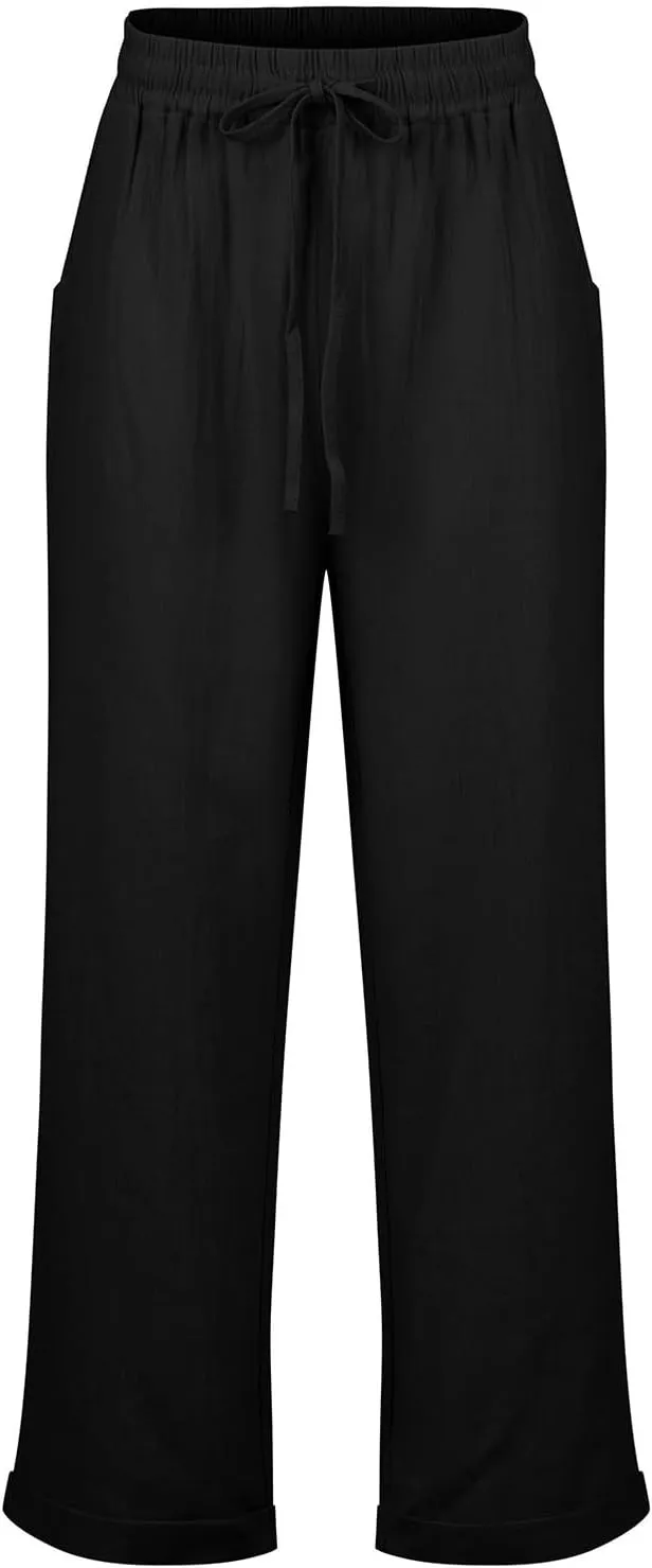 Women Linen Pants Casual Loose Elastic Waistband Boho Cropped Palazzo Beach Pants Summer Outfits 2025