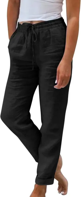 Women Linen Pants Casual Loose Elastic Waistband Boho Cropped Palazzo Beach Pants Summer Outfits 2025
