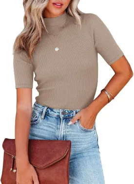 Women Tops Dressy Casual Mock Turtleneck Short Sleeve Ribbed Business Work Shirts Blouses