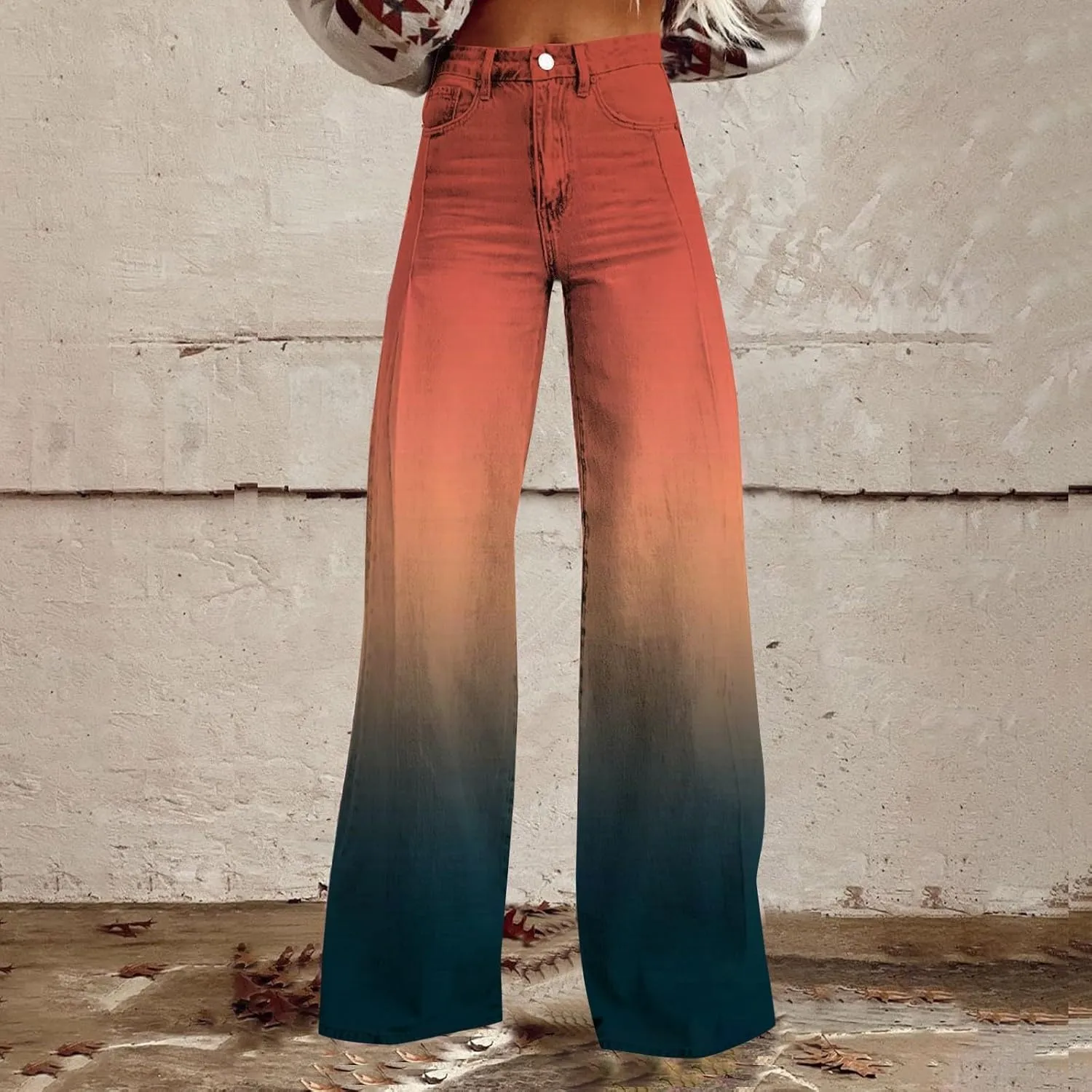 Women Wide Leg Casul Pants Vintage Floral Print High Waisted Straight Stretch Pants with Pockets