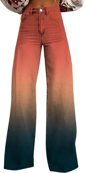 Women Wide Leg Casul Pants Vintage Floral Print High Waisted Straight Stretch Pants with Pockets