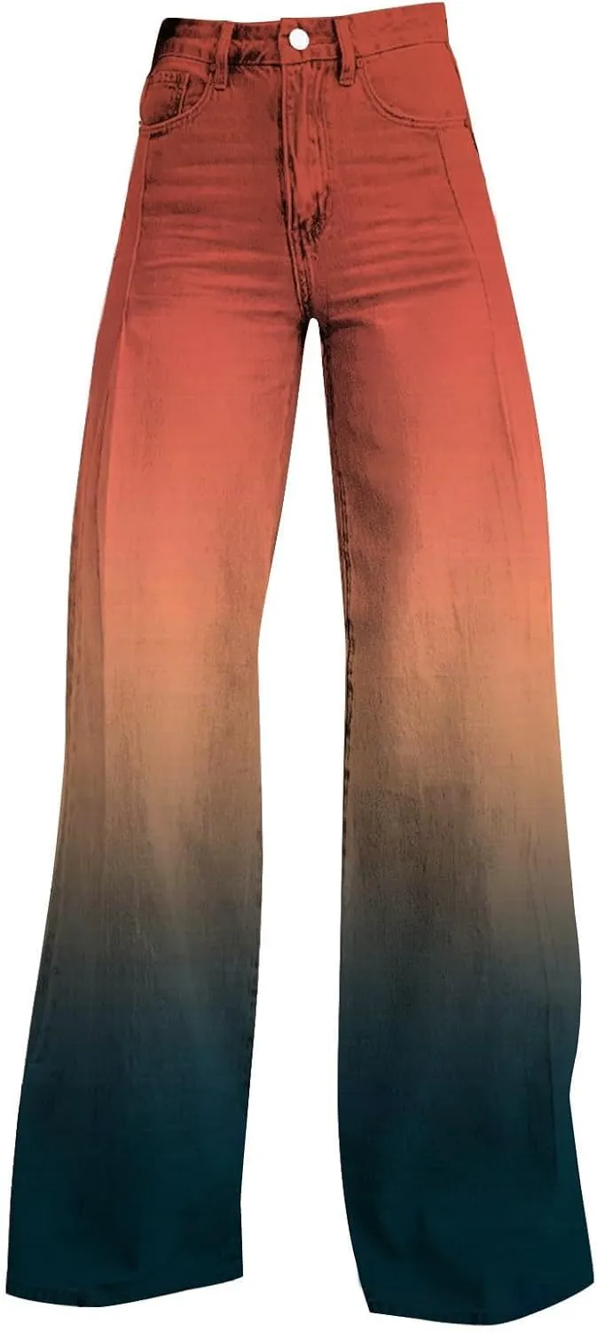 Women Wide Leg Casul Pants Vintage Floral Print High Waisted Straight Stretch Pants with Pockets