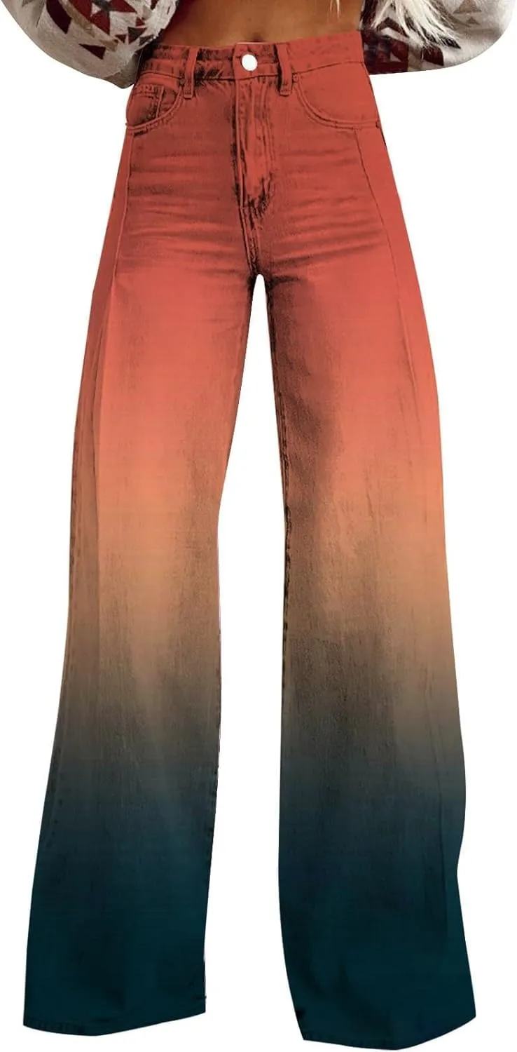 Women Wide Leg Casul Pants Vintage Floral Print High Waisted Straight Stretch Pants with Pockets