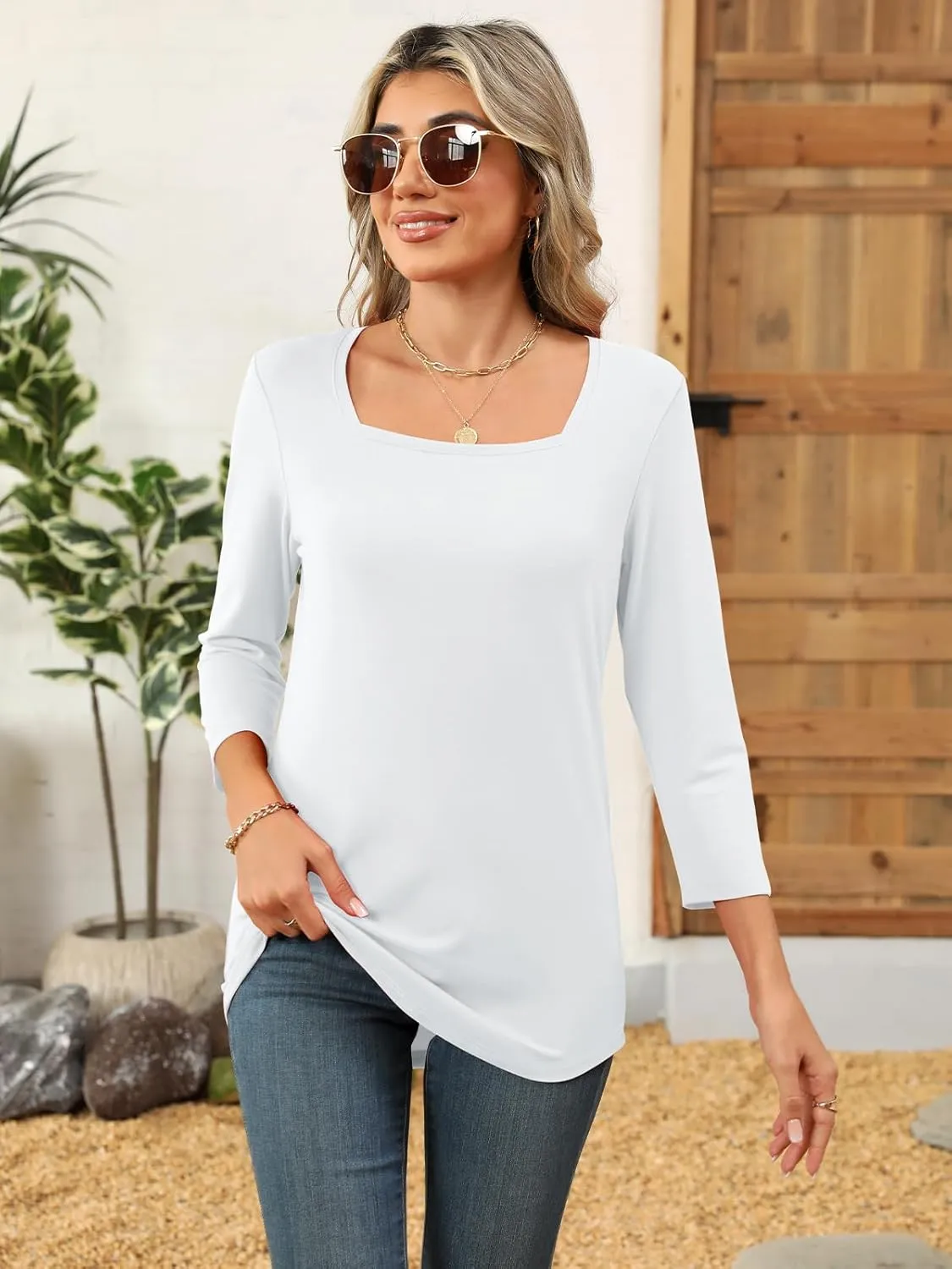 Womens 3/4 Sleeve Square Neck Tops Casual Summer Tops Trendy Womens T Shirts Ladies Tops