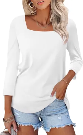 Womens 3/4 Sleeve Square Neck Tops Casual Summer Tops Trendy Womens T Shirts Ladies Tops