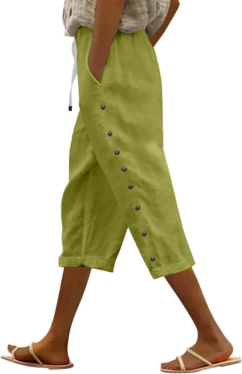 Women's Capri Pants Petite Side Button Elastic Waist Drawstring Lightweight Trousers with Pockets Dressy Casual