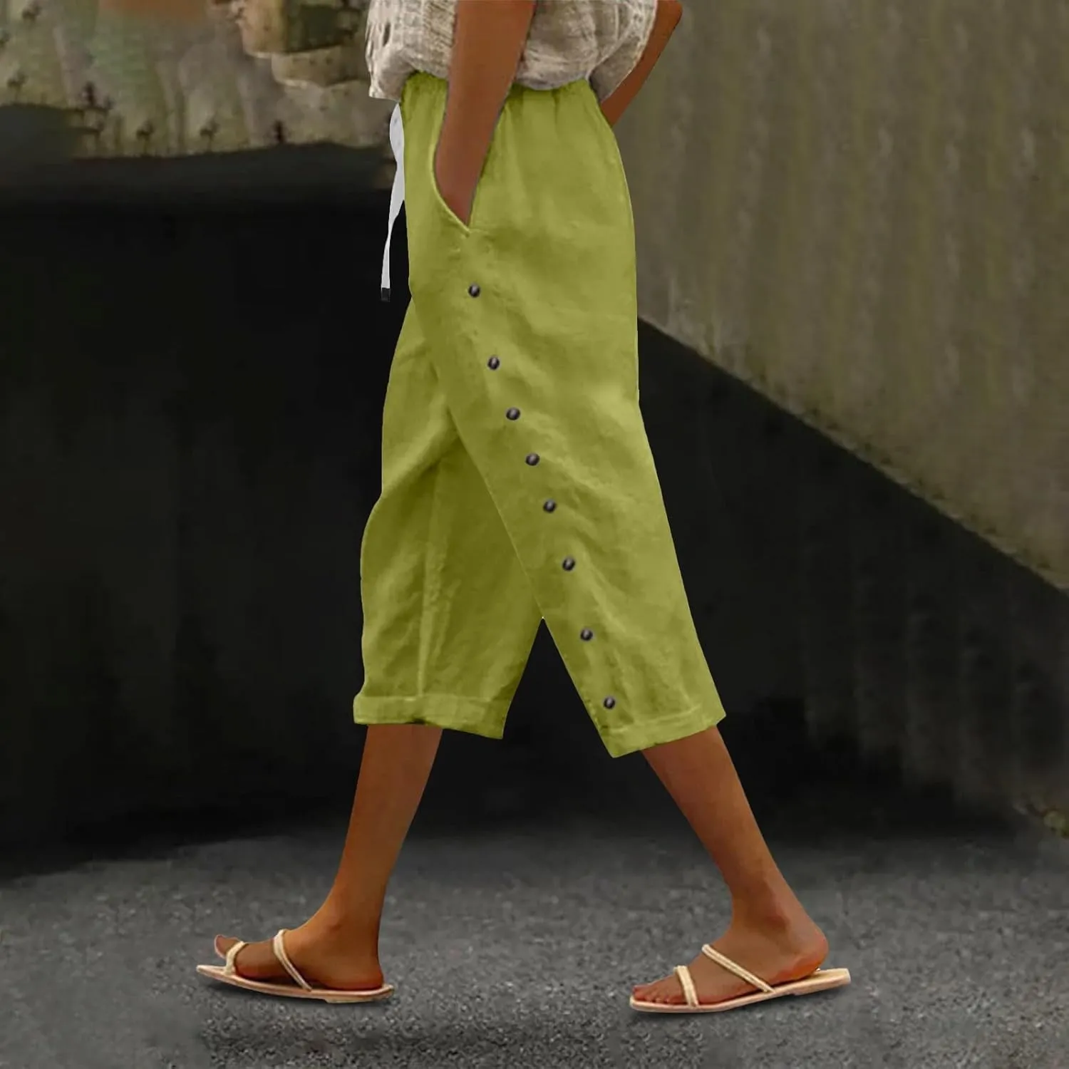 Women's Capri Pants Petite Side Button Elastic Waist Drawstring Lightweight Trousers with Pockets Dressy Casual
