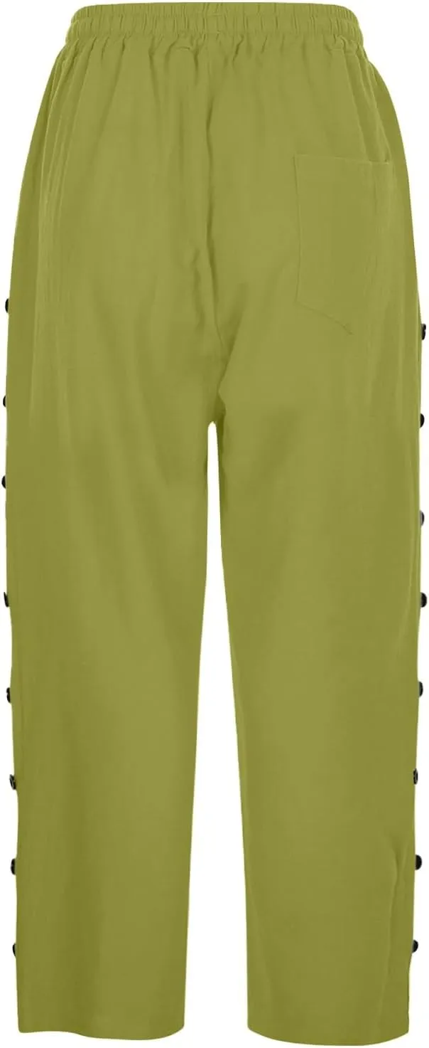 Women's Capri Pants Petite Side Button Elastic Waist Drawstring Lightweight Trousers with Pockets Dressy Casual